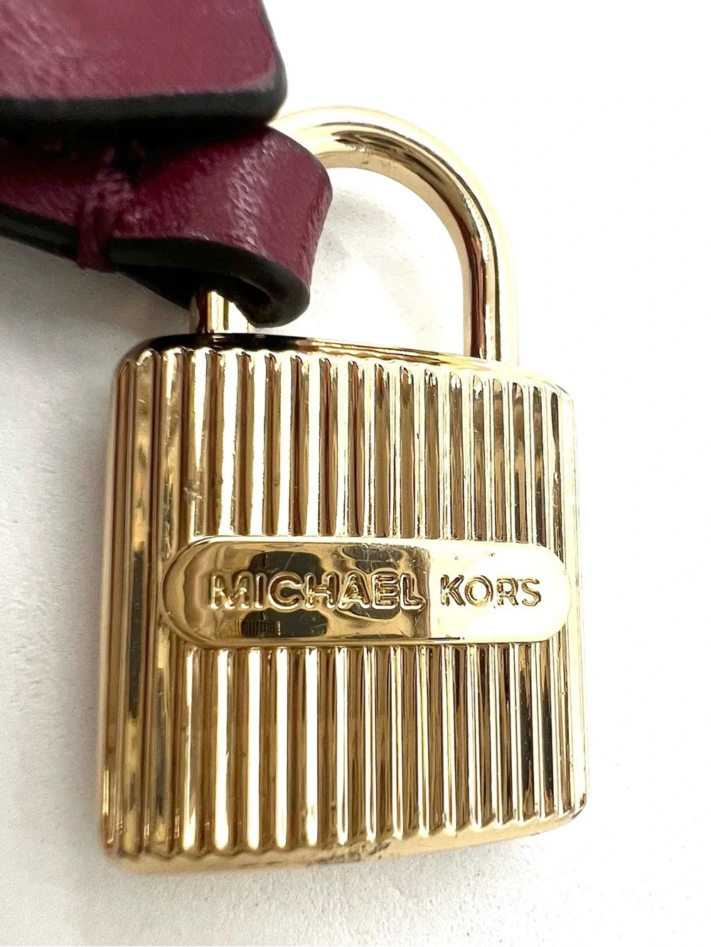 Michael Kors Gold Ribbed Padlock Bag Charm Burgundy Leather Key Ring Bag Charm
